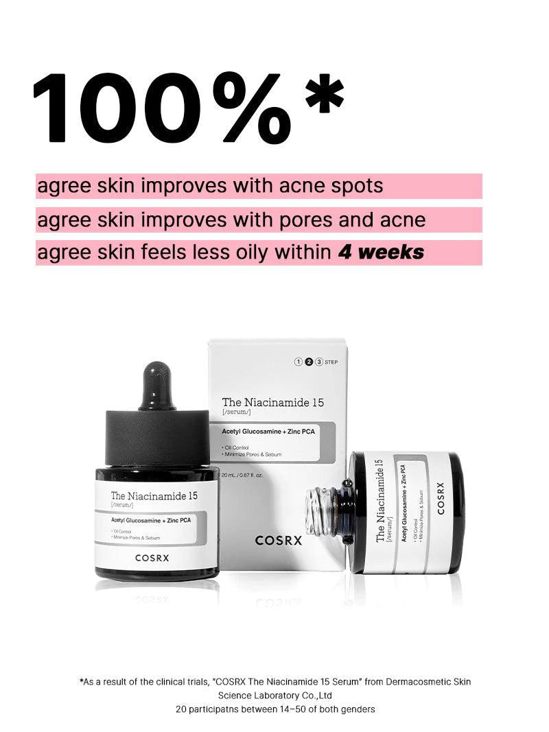 COSRX The Niacinamide 15 serum with box — clinical results and product packaging shot.