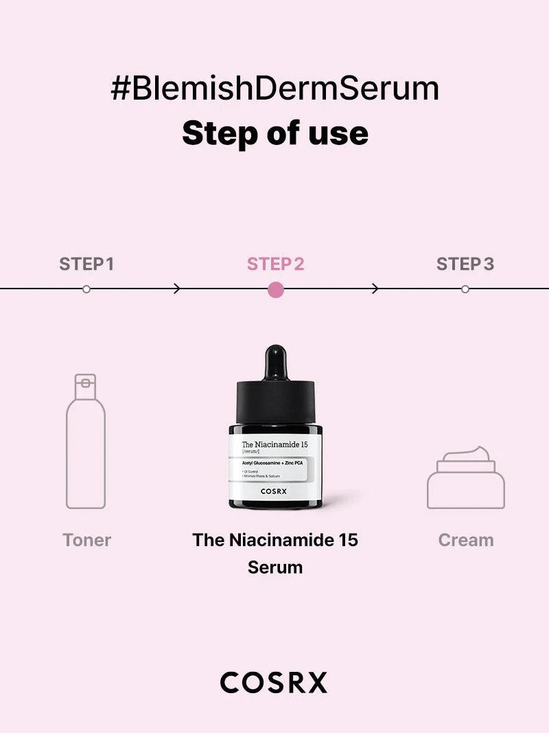How to use: step 2 — The Niacinamide 15 serum placed between toner and cream in routine.