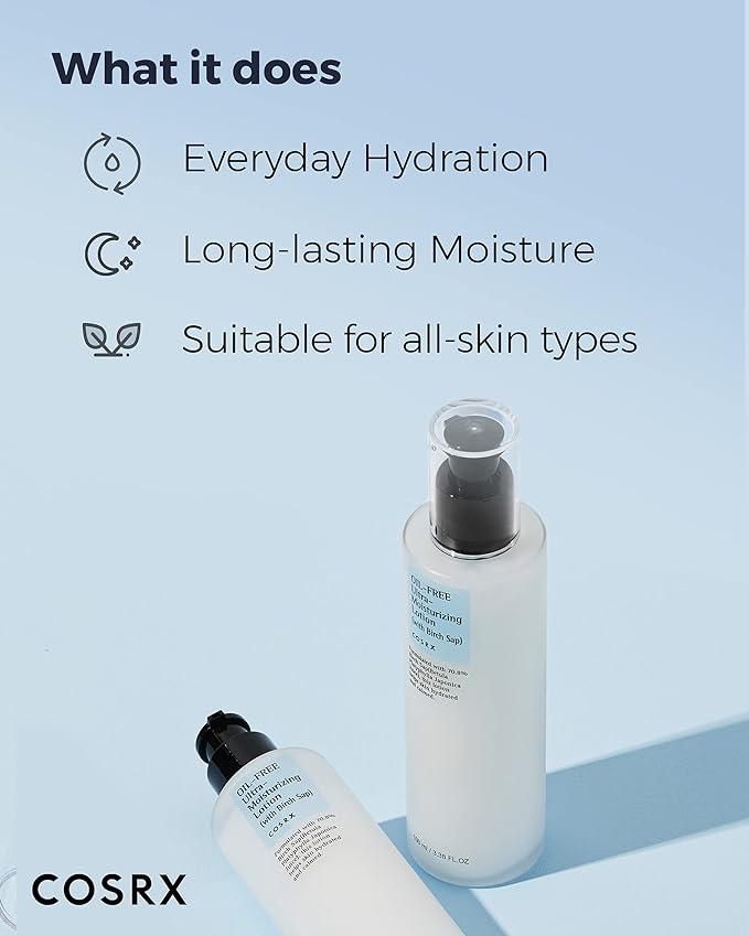 Pump close-up of COSRX oil free moisturizer showing dispenser and texture
