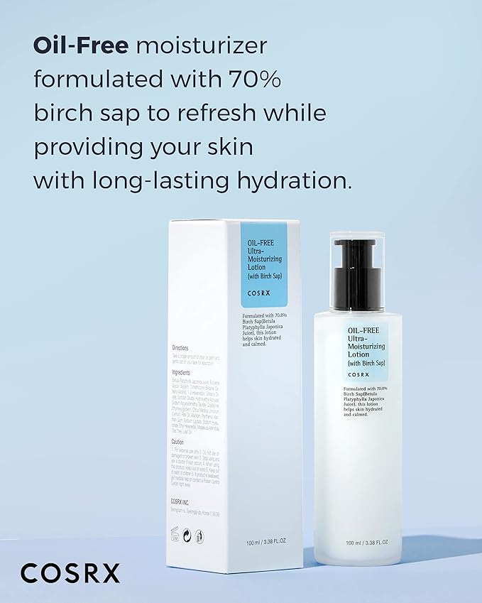 Angle view of COSRX oil free ultra moisturizing lotion bottle with birch sap