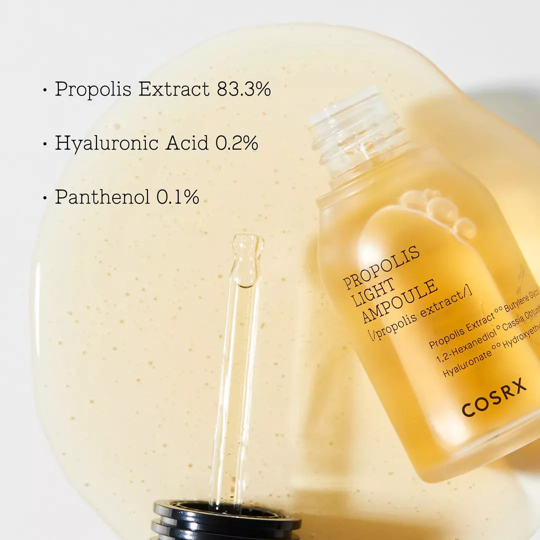 Key ingredient of COSRX Propolis Ampoule - Black bee propolis extract known for antioxidants and calming redness for sensitive skin.