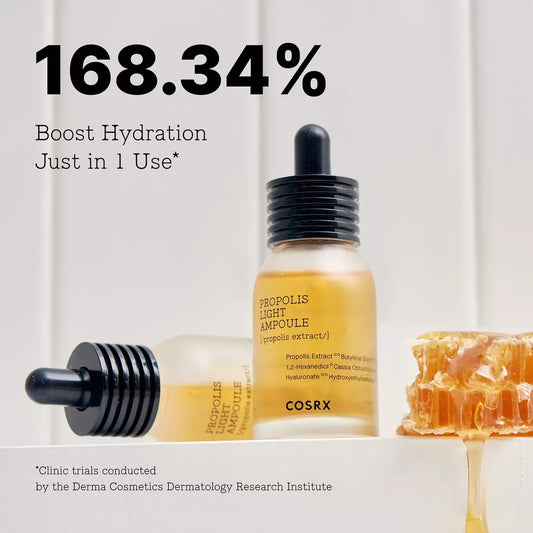 COSRX Propolis Light Ampoule dropper applicator - Dispensing the 83% black bee propolis extract serum for damaged skin repair.