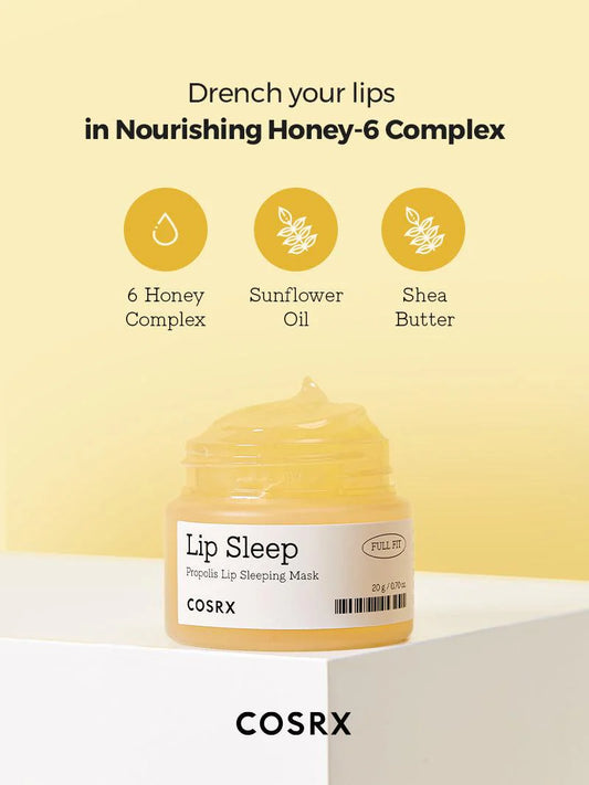 White jar of COSRX propolis lip sleeping mask on a clean background, a gentle overnight lip treatment.