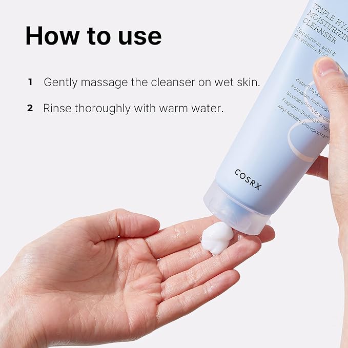 Detailed ingredients list on the back of the COSRX triple hyaluronic moisturizing cleanser box showing hyaluronic acid and vitamin B5.
