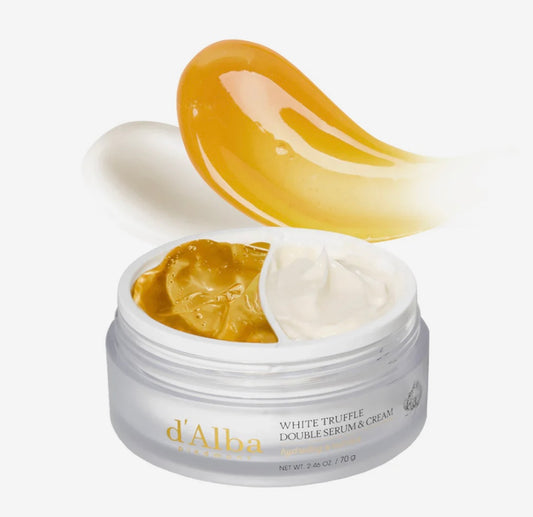 Open jar of D'Alba Truffle Double Serum & Cream showing serum and cream texture