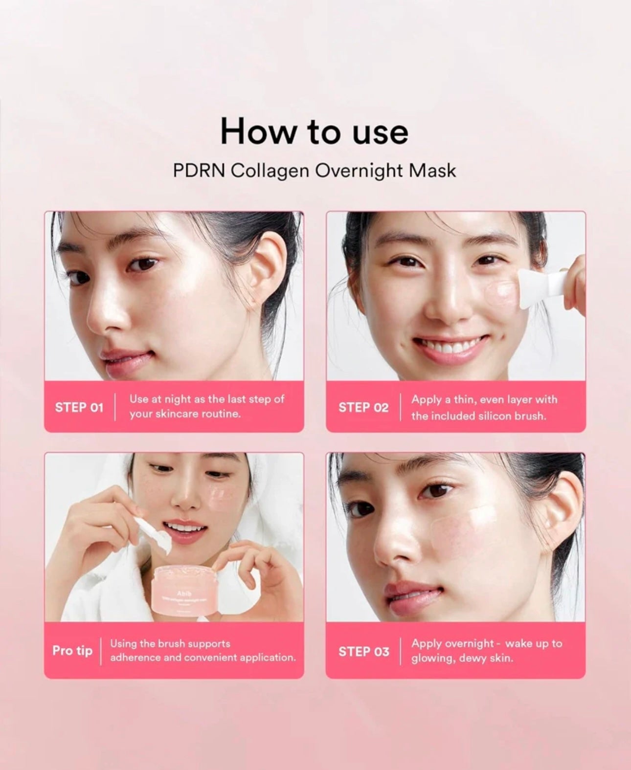 Model showing hydrated, dewy skin after using the PDRN collagen overnight mask.
