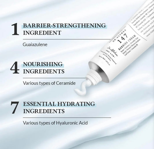 Back label of Dr. Althea 147 Barrier Cream with ingredients and instructions.