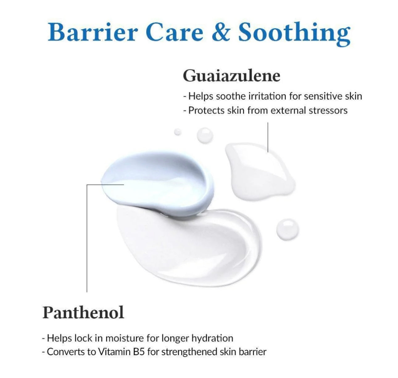 Key soothing ingredients Panthenol and Guiazulene in the Dr. Althea Aqua Marine Watery Cream.
