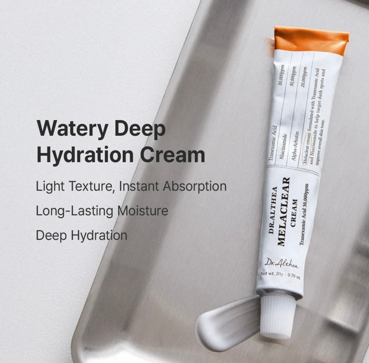 Ingredients list on the back of Dr. Althea Melaclear cream box for sensitive skin care.