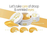 Close-up of Elizavecca gold hyaluronic acid eye patch showing the hydrogel texture with real gold particles.