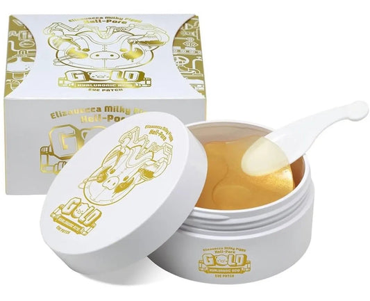 Elizavecca Milky Piggy Hell Pore Gold Hyaluronic Acid Eye Patch packaging with 60 hydrogel patches.