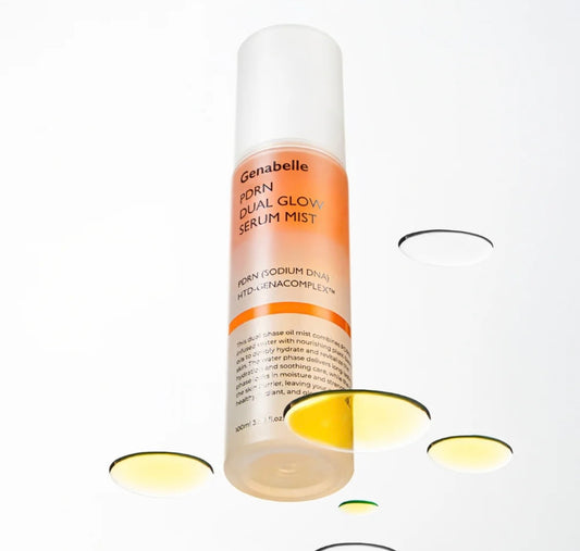 Genabelle PDRN Dual Glow Serum Mist 100ml in a sleek white bottle standing upright with a glowing background.