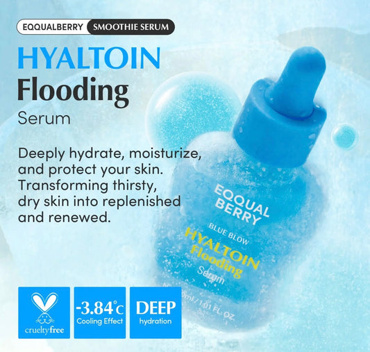 Glacier water and hyaluronic acid droplets representing the skin‑cooling hyaltoin flooding action of Eqqualberry Hyaltoin Flooding