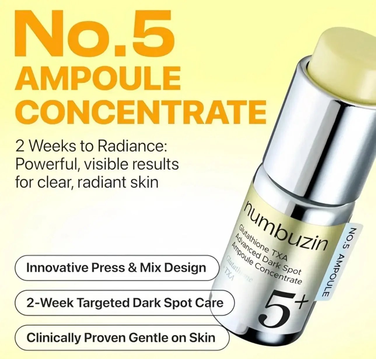 Press-and-mix design showing yellow cap releasing pure glutathione powder into the TXA ampoule liquid