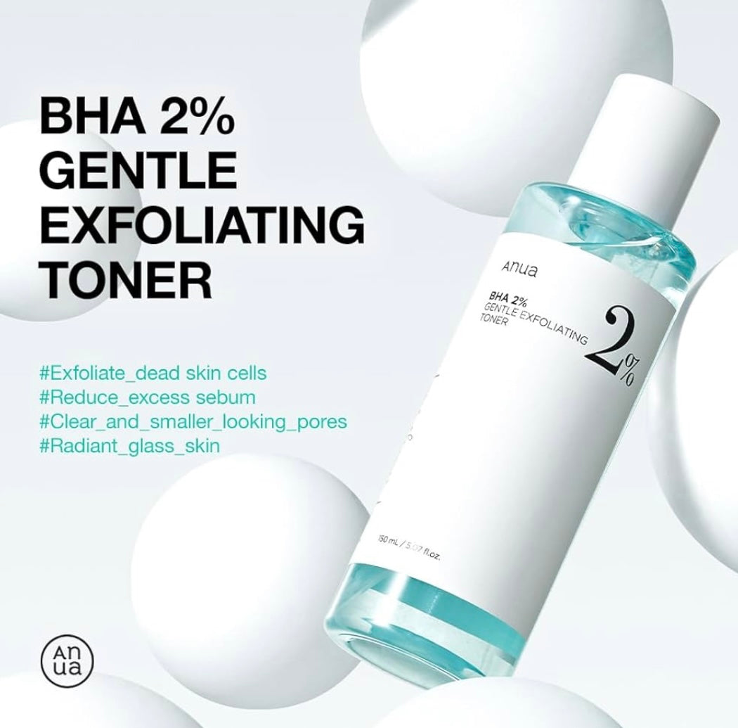 Woman gently applying the Anua BHA 2 Gentle Exfoliating toner to her face with a cotton pad.