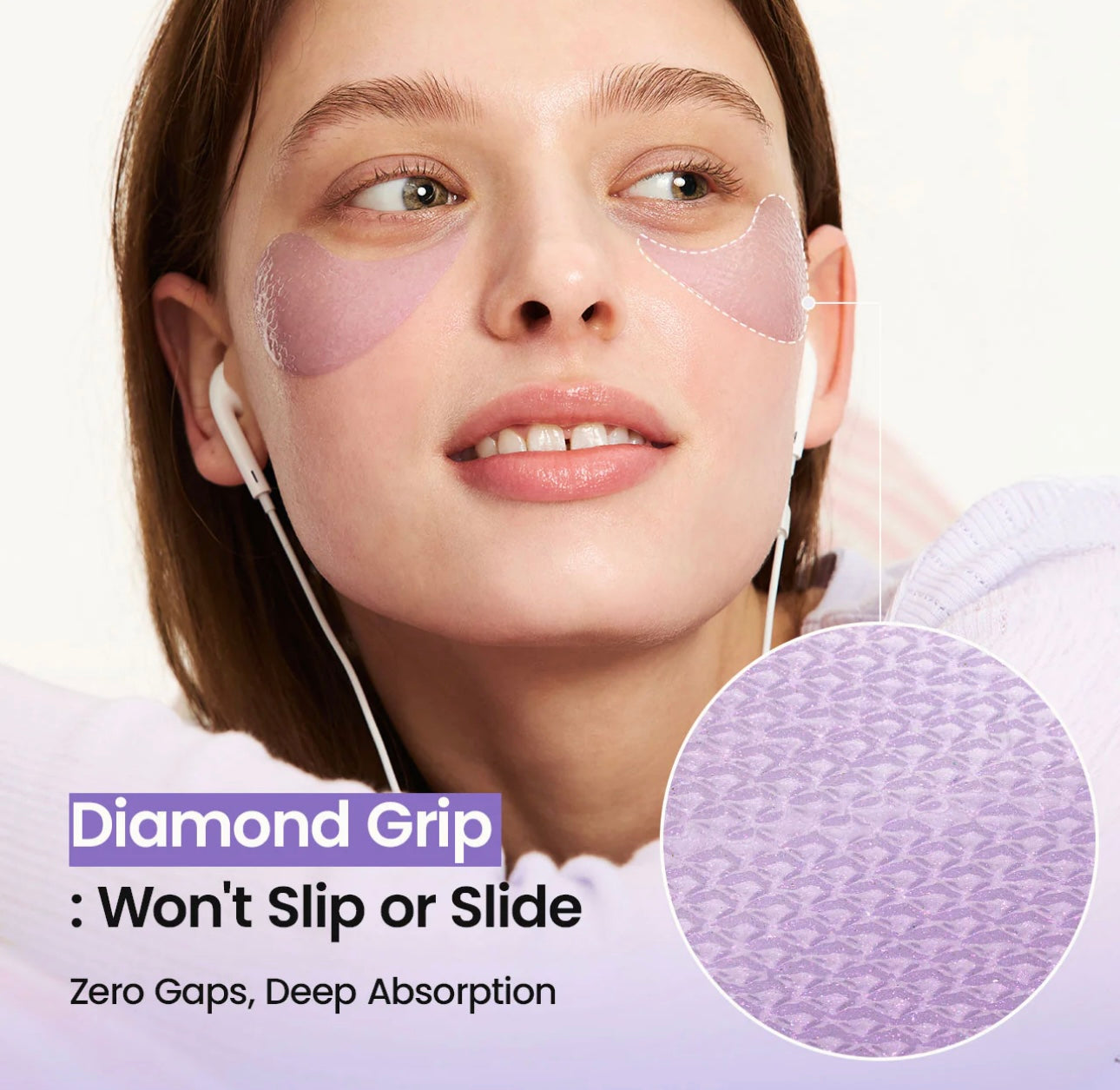 Model wearing Biodance Caviar PDRN Eye Patches 30pcs under the eyes, demonstrating how to apply for dark circles and puffiness.