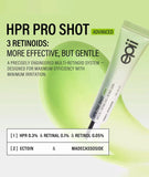 Key ingredients in EPII HPR Pro Shot skincare tube including HPR, retinal, retinol, and soothing ectoin.