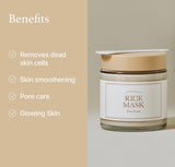 I’m From Rice Mask jar with spatula on lid and key benefits checklist for glowing, smooth skin