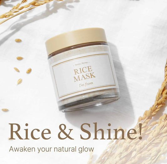 I’m From Rice Mask flatlay with rice stalks and “Rice & Shine” text promoting natural glow.