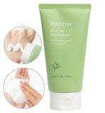 Back panel of the Innisfree cleansing foam tube displaying ingredients and instructions for the green tea foam cleanser.