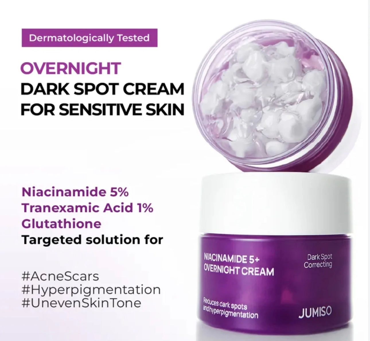 Visual representation of dark spots fading and skin brightening using JUMISO Niacinamide 5 overnight cream.