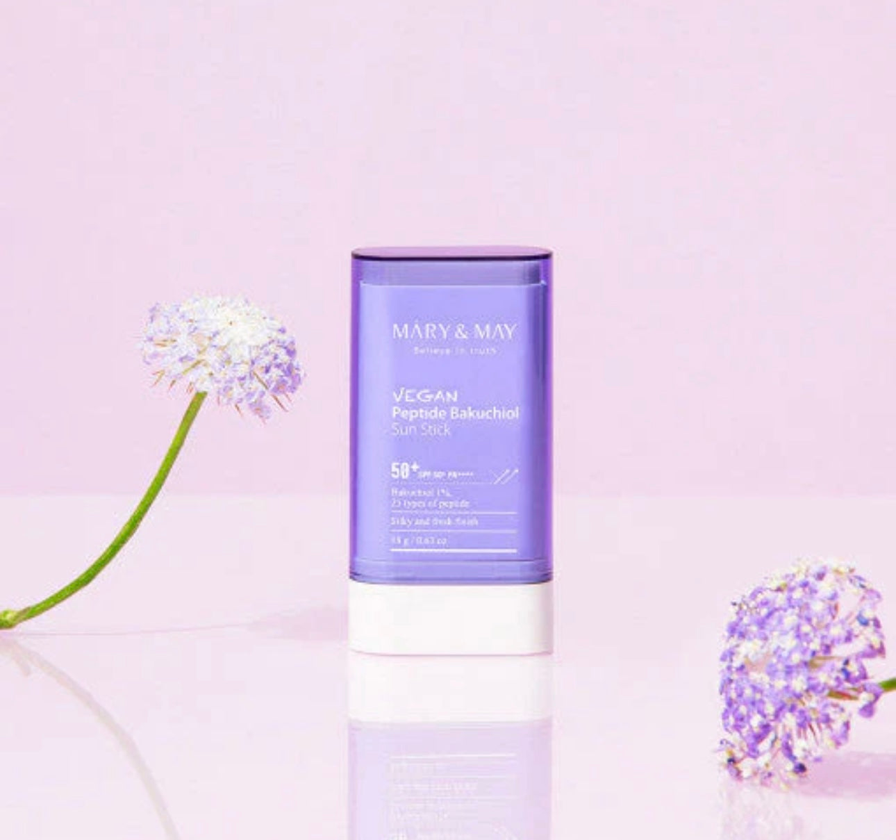 Vegan peptide bakuchiol sun stick SPF50+ PA++++ by Mary&May in closed twist-up tube.