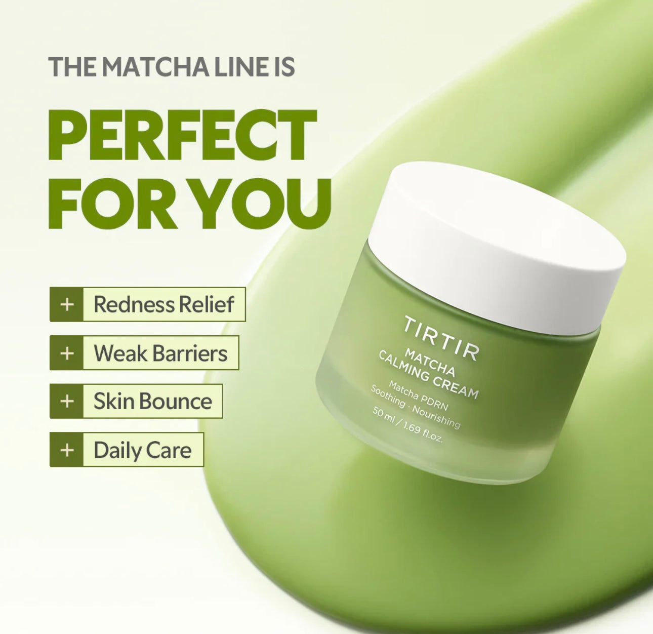 Illustration concept of the TIRTIR matcha cream strengthening the skin barrier with peptides and vegan collagen for sensitive skin.