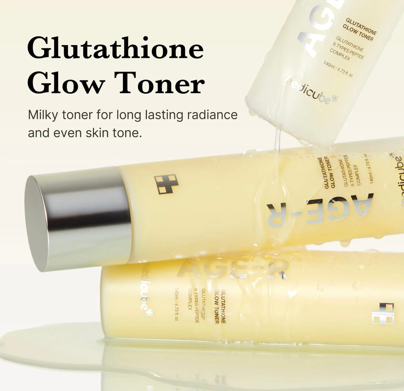 Medicube Age R Glutathione Glow Toner placed in a clean aesthetic bathroom setup for daily skincare routine.