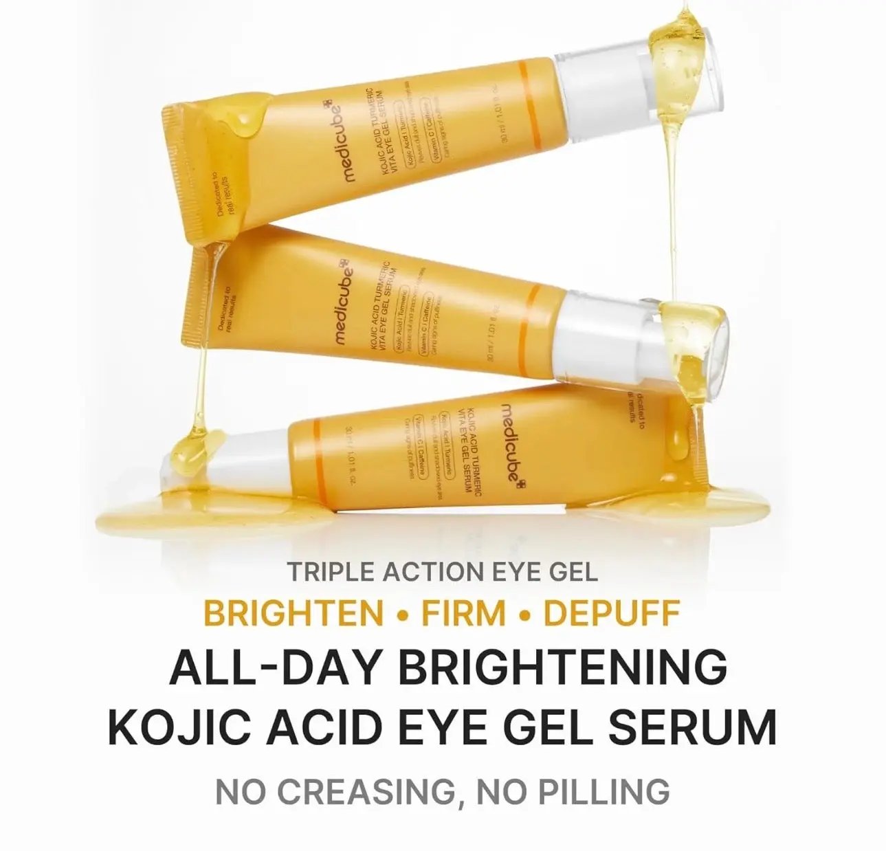 Woman applying Medicube Kojic Acid Turmeric Vita Eye Gel Serum during her morning skincare routine.