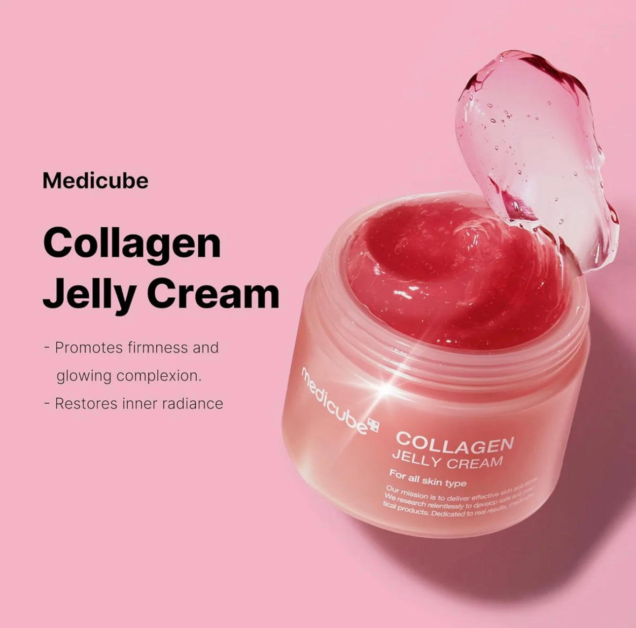 Open jar of Medicube Collagen Jelly Cream showing jelly-like texture