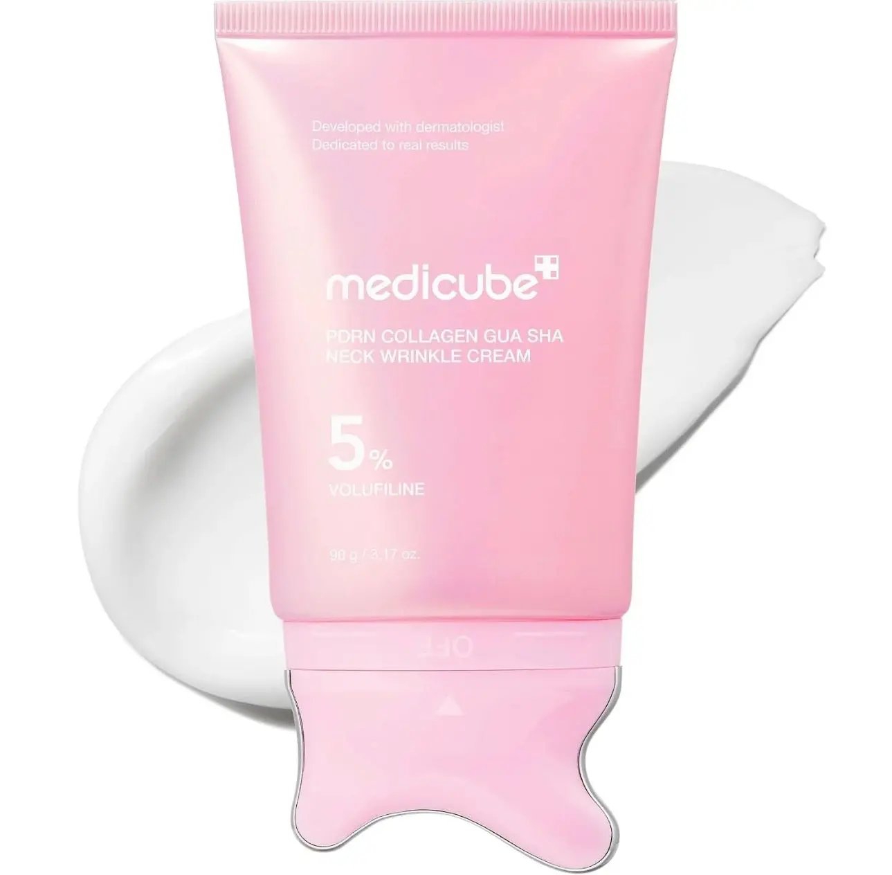 Medicube PDRN Collagen Gua Sha neck wrinkle cream in retail box for firming neck and jawline.