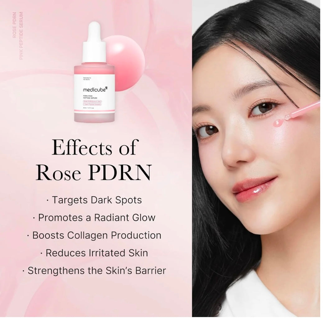 Small drop of Medicube PDRN Pink Peptide Serum on the back of the hand — demonstrates quick absorption and hydration using peptides and skin care actives.