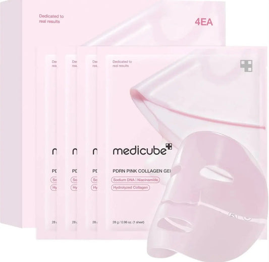 Medicube PDRN Pink Collagen Gel Mask 4-pack box – Korean hydrogel sheet mask for firming and glow.