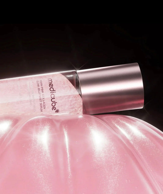 Side angle showing the pink hue of the collagen jelly mist serum.