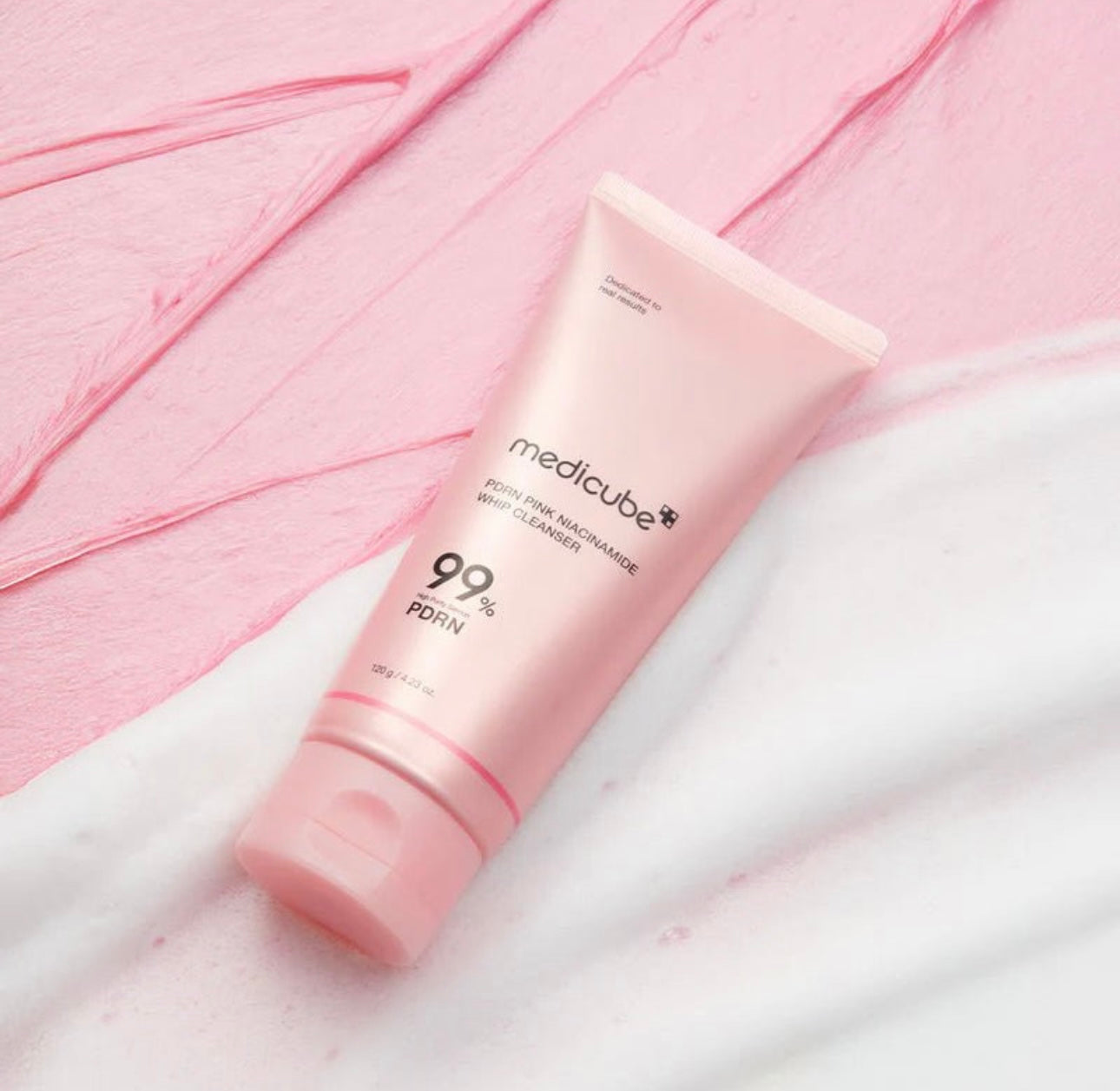Medicube PDRN Pink Niacinamide Whip Cleanser 120g — front tube view, pink packaging.