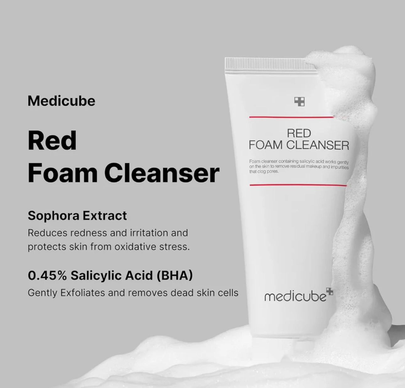 Back label and ingredients of Medicube Red Foam Cleanser 120ml — shows ingredient list and directions.