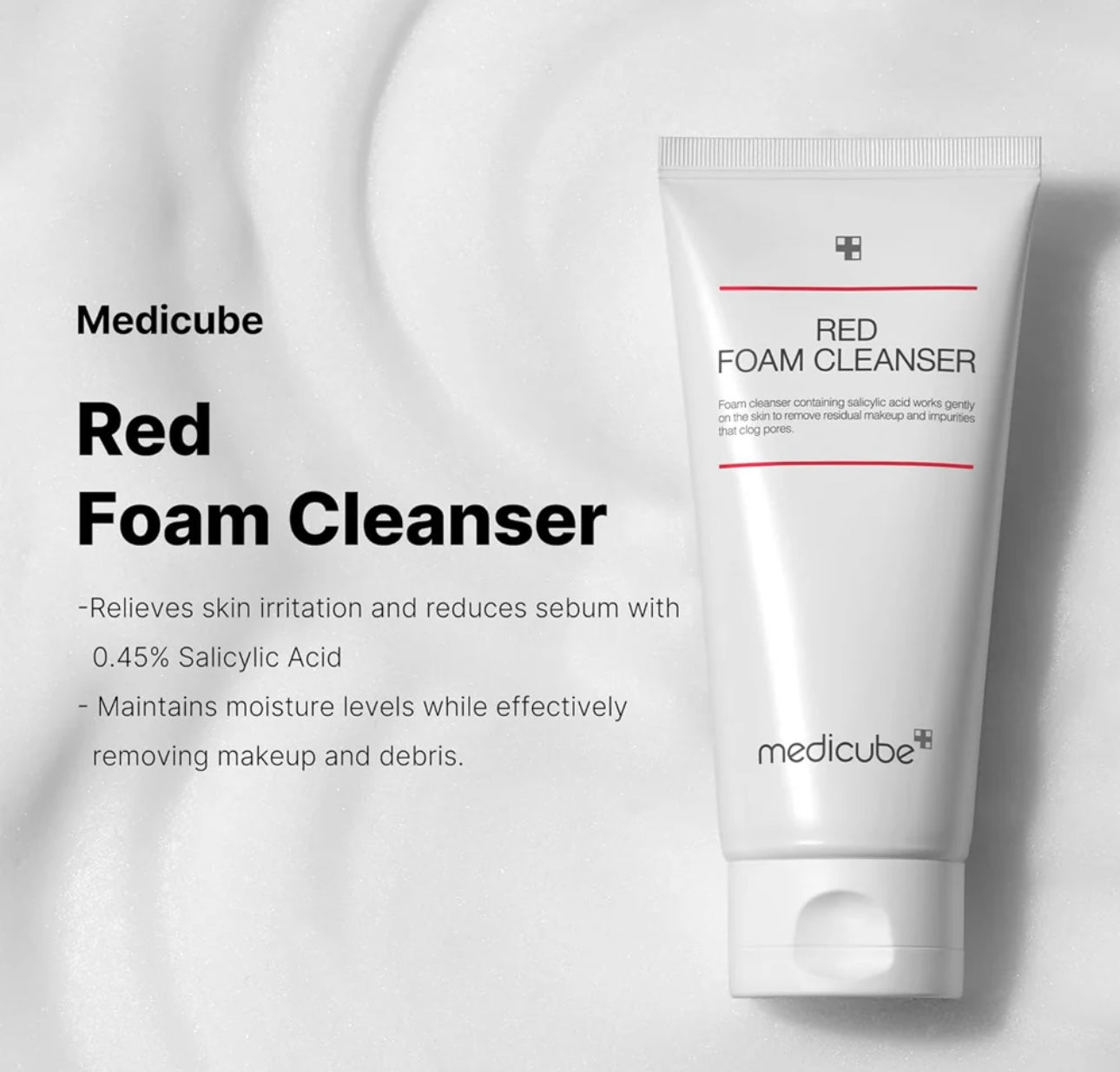 Medicube Red Foam Cleanser 120ml — front view of the tube, clear label for the red foam cleanser.