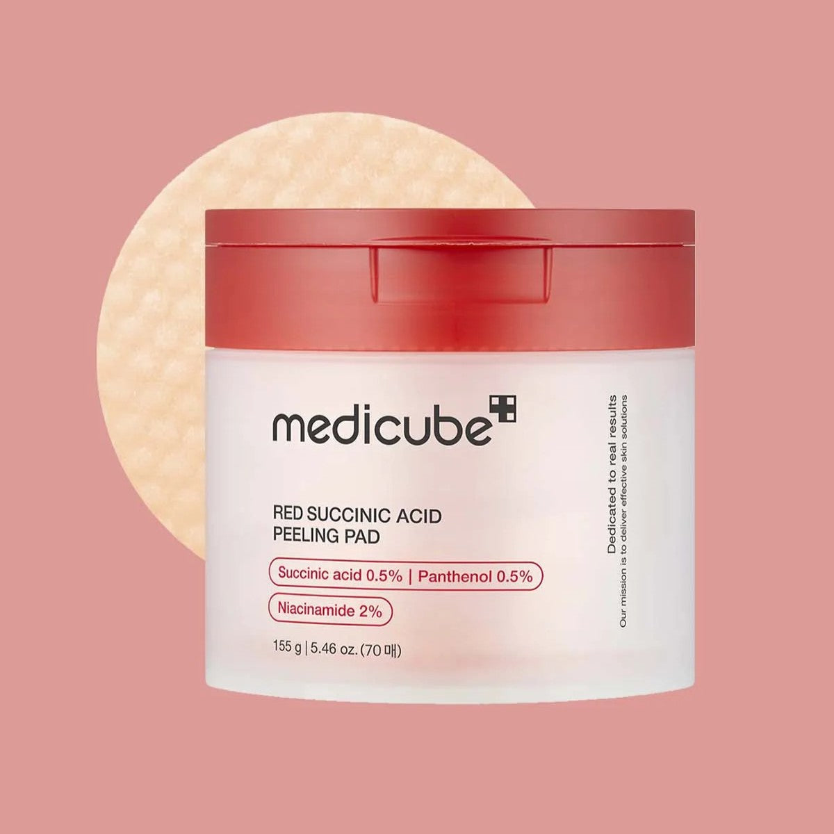 Medicube Red Succinic Acid Peeling Pads packaging label — 70pcs container, travel-friendly acne care pads