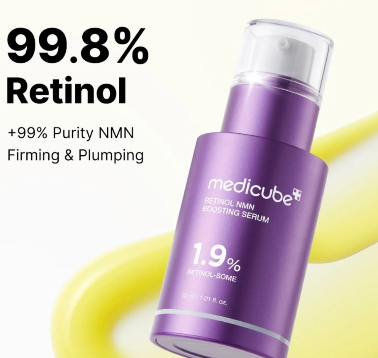 Close up of Medicube Retinol NMN Boosting ingredients highlighting 5-Synergy Complex for skin firming.