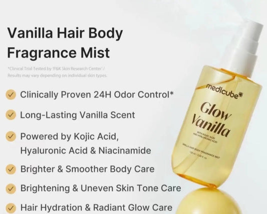 Medicube vanilla hair body fragrance mist packaging with bright glow design
