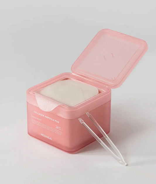 Stack of white collagen ampoule pads inside Mediheal jar with hygienic tweezer for easy application.