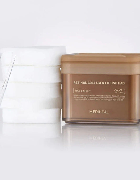 Close up of a Mediheal retinol collagen pad soaked in lifting essence showing the soft, embossed cotton side.