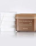 Close up of a Mediheal retinol collagen pad soaked in lifting essence showing the soft, embossed cotton side.