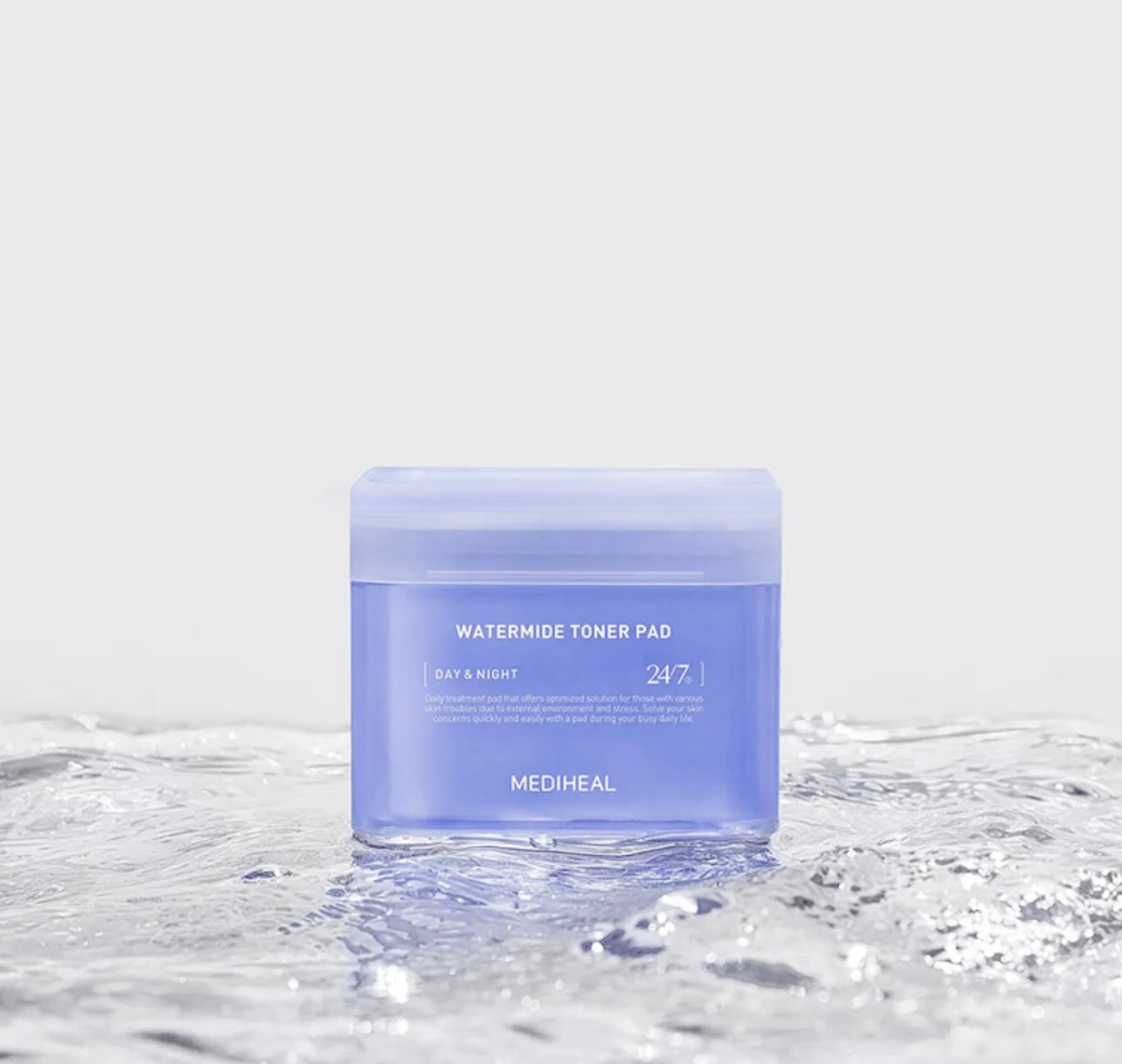 Mediheal Watermide Toner Pad box and jar showing 100 pads for pore tightening essence routine.
