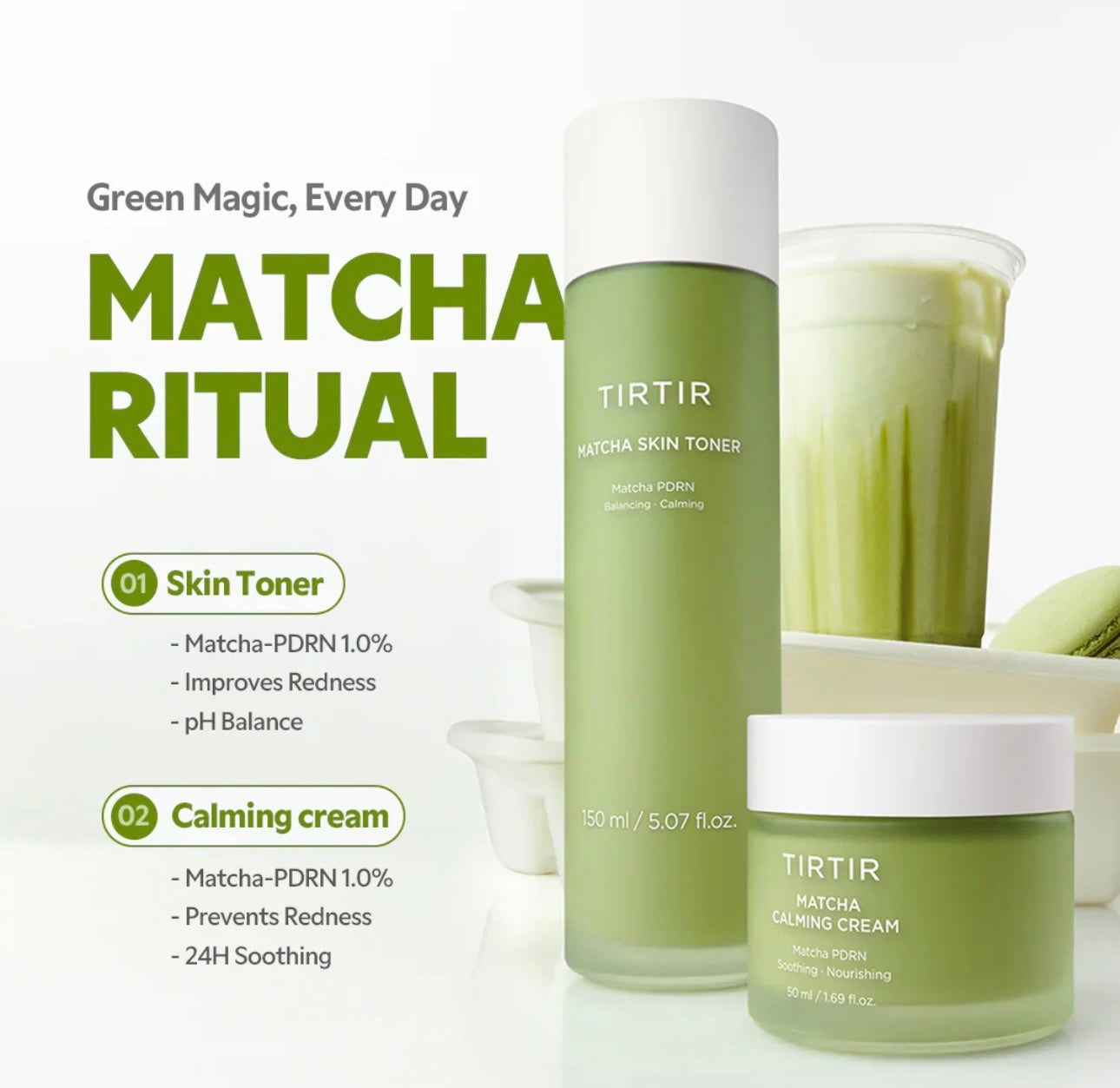 Happy person applying TIRTIR matcha calming cream after cleansing, enjoying the cooling and comforting sensation.