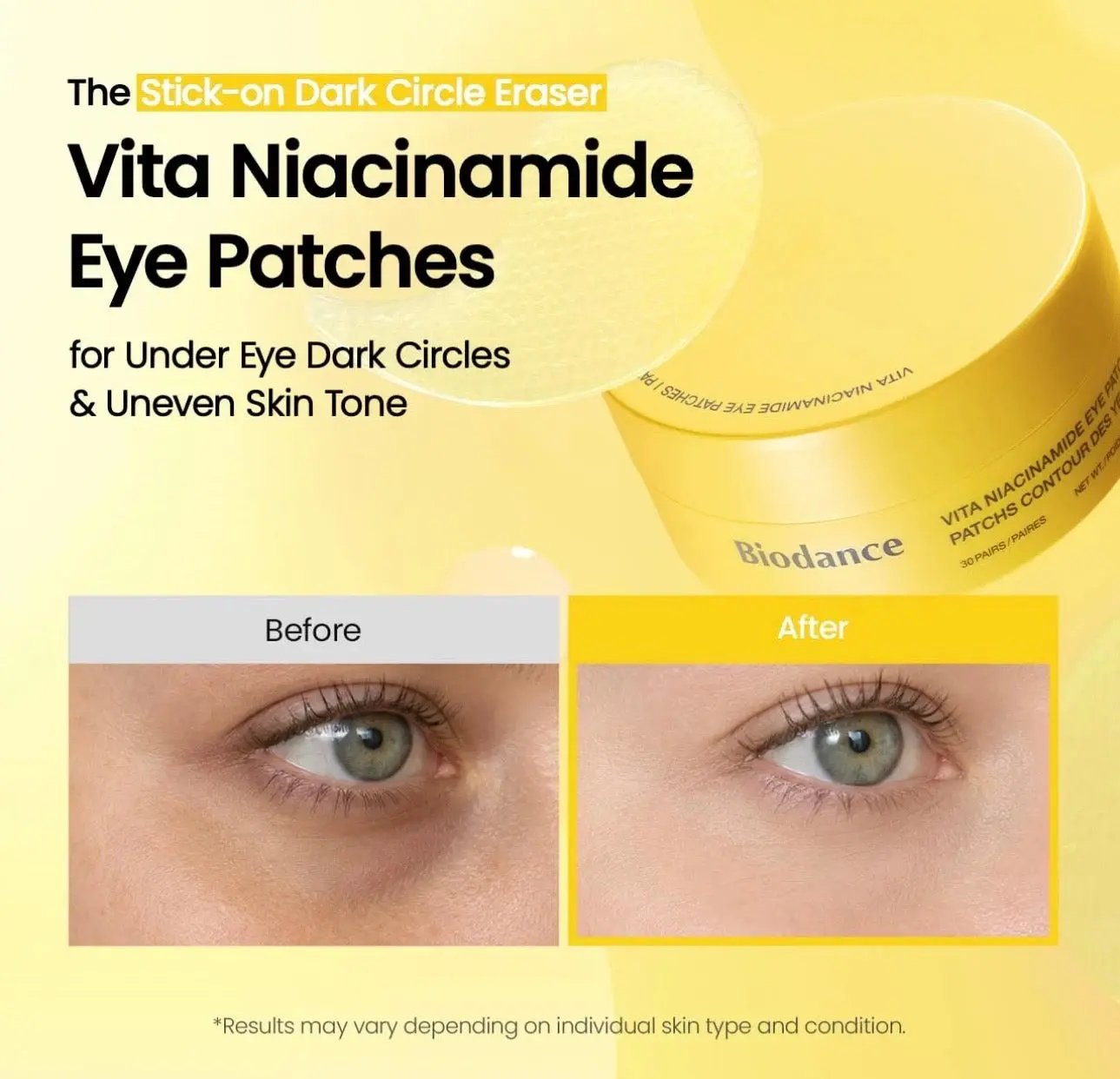 Back of the Biodance Vita Niacinamide eye patches box showing ingredients and usage instructions.