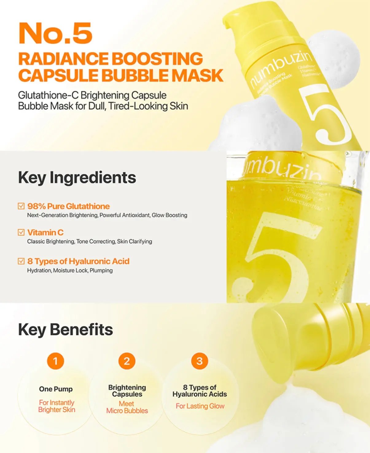 Close-up of Numbuzin No. 5 capsule bubble mask foam with glutathione capsules for glowing skin