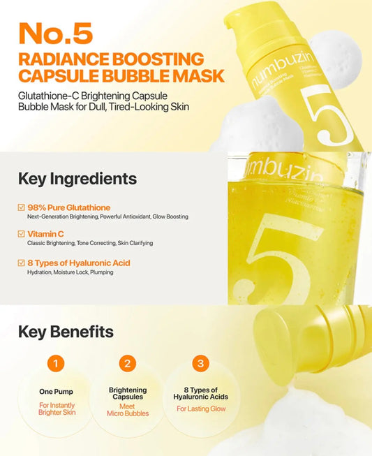 Close-up of Numbuzin No. 5 capsule bubble mask foam with glutathione capsules for glowing skin