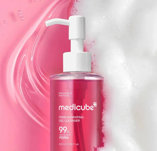 Close-up of the PDRN gel cleanser's unique jelly-to-foam texture before lathering.