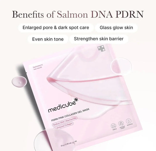 Close-up of pink collagen gel mask sheet – Medicube PDRN hydrogel texture with salmon DNA essence.